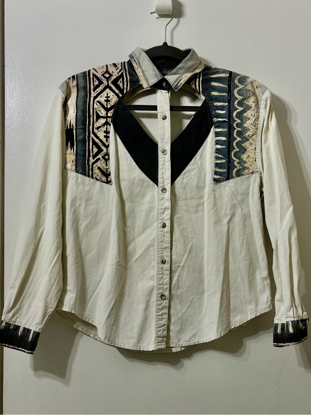 Women's Ivory Western-Inspired Button-Up Shirt with Black Accent